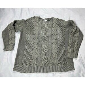 J Jill Olive Green Mineral Wash Thick Cable Knit Chunky Cotton Sweater L Tall